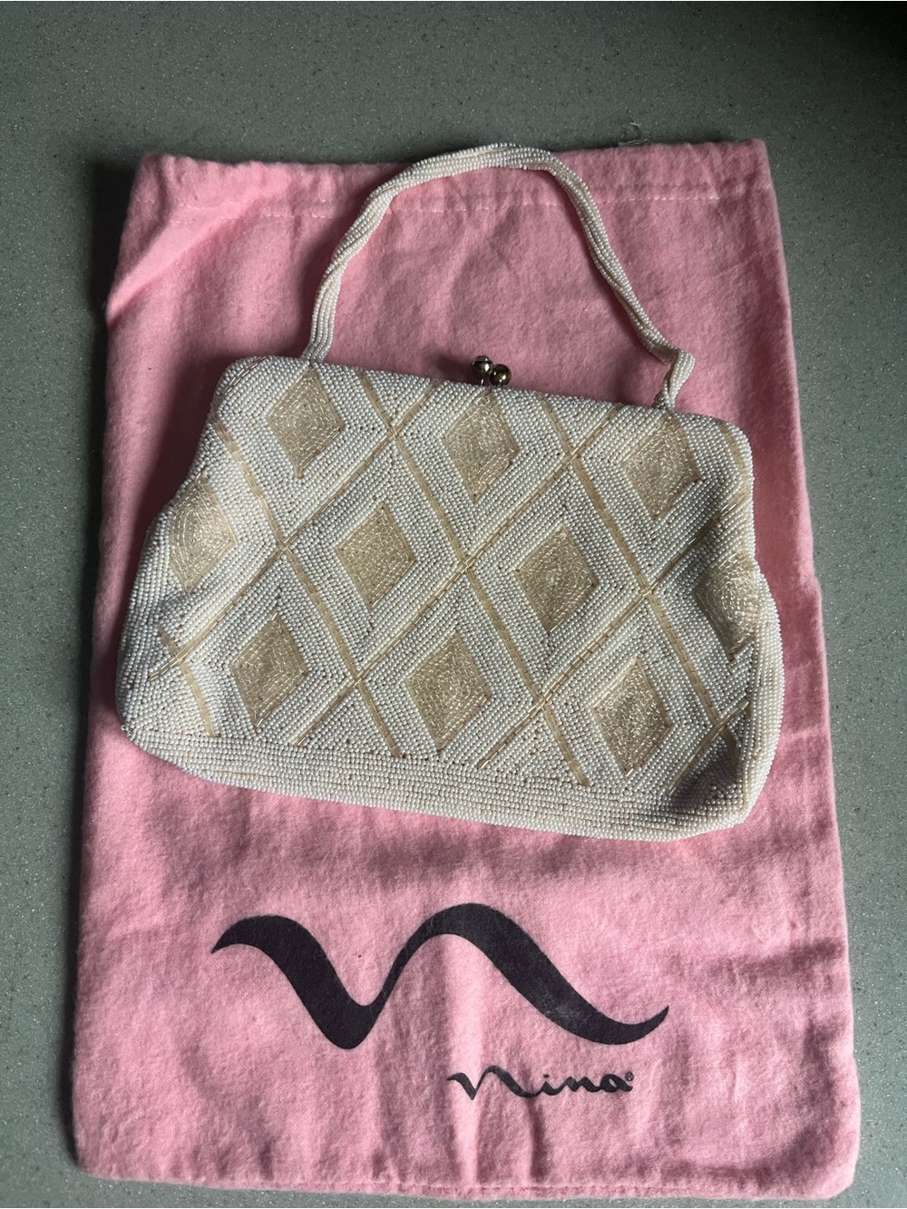 Vintage Nina Cream and tan Beaded Mini Handbag exc cond